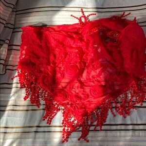 Elegant Red Floral Lace Shawl